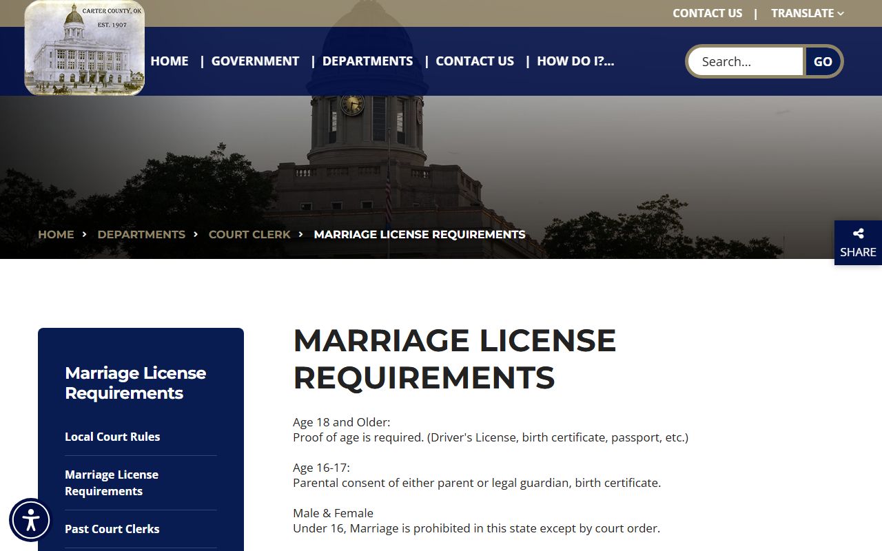 Carter County Court Clerk marriage license requirements page