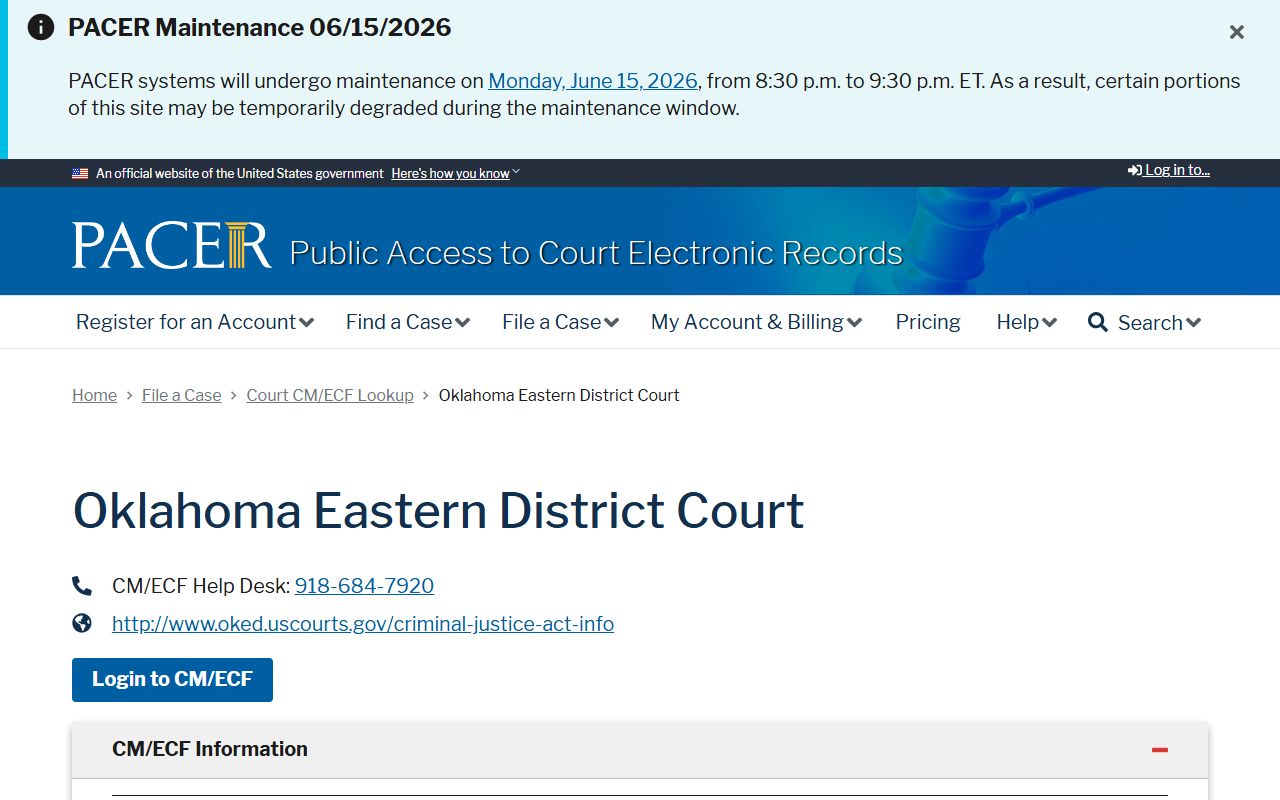 Carter County federal arrest and charge records lookup on PACER for the Oklahoma Eastern District