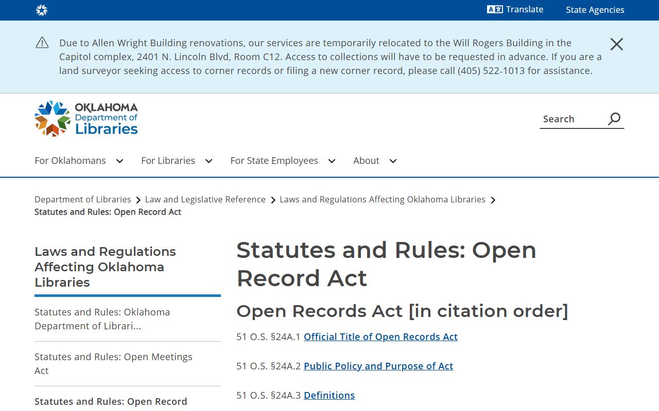 Carter County court records Oklahoma Open Records Act statute page