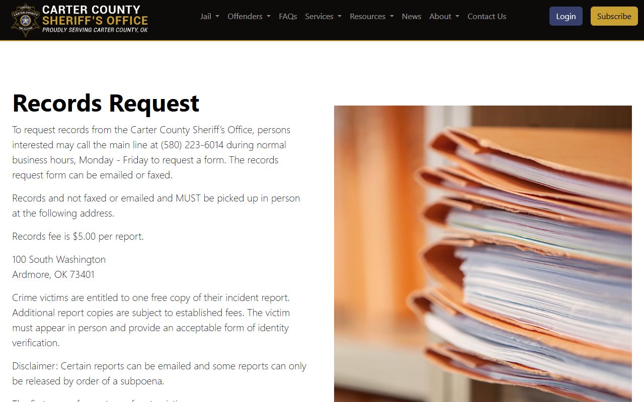 Carter County criminal court records sheriff records request