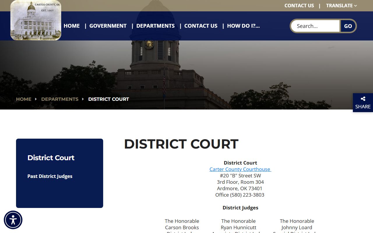 Carter County District Court page with judges and court records contact