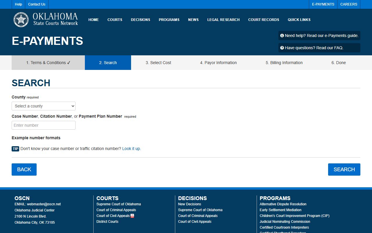 OSCN e-payments portal for paying Carter County court records and fines