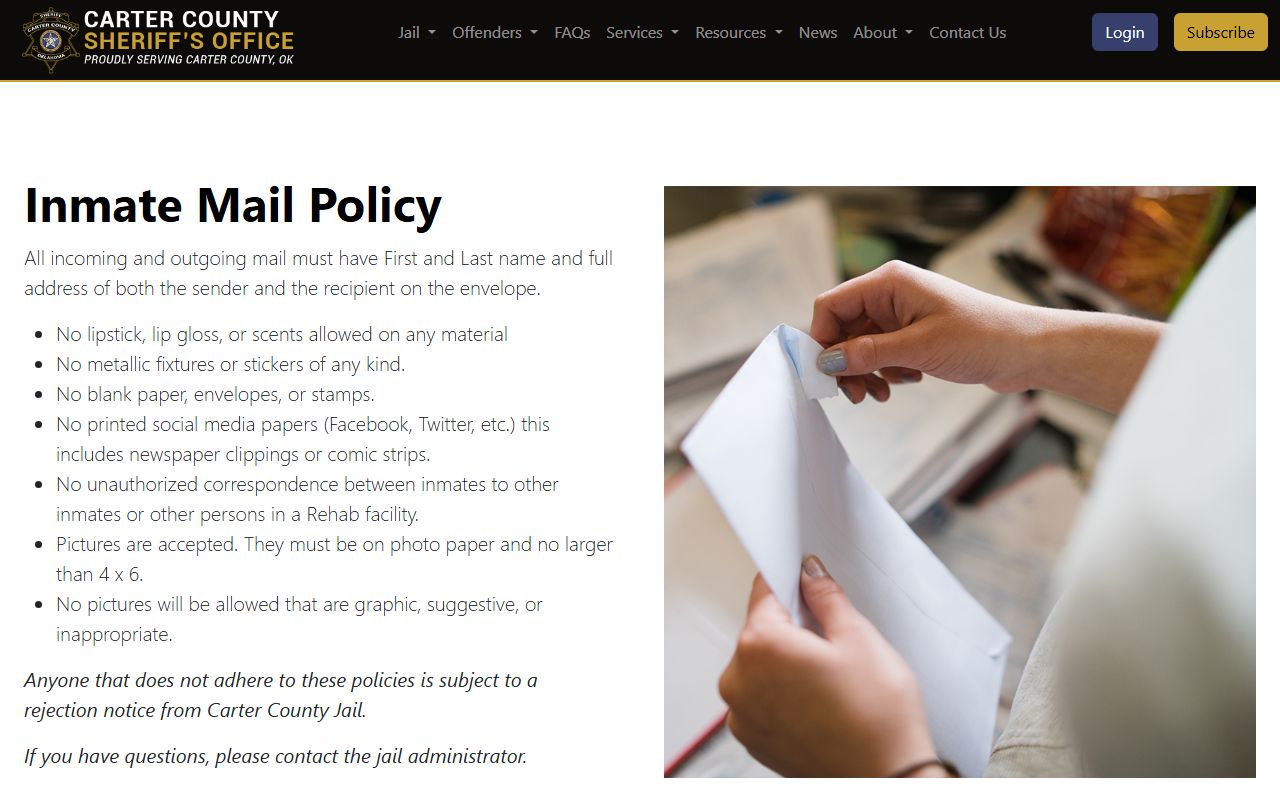 Carter County jail inmate mail policy page