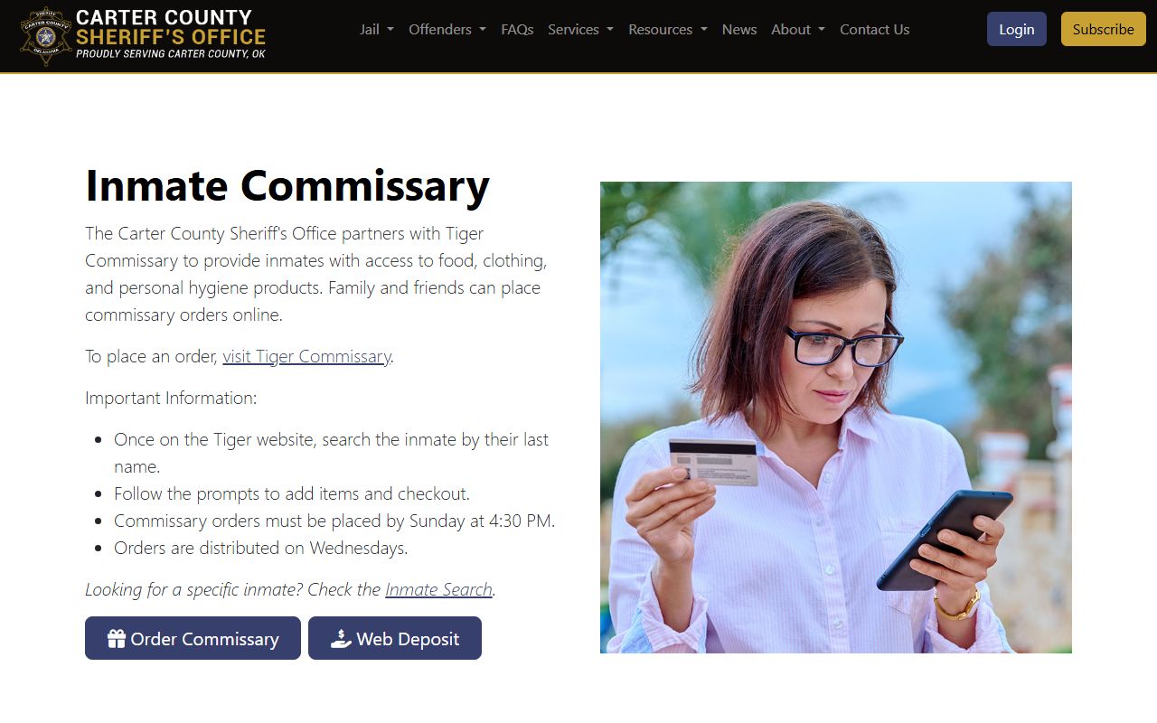 Carter County jail Tiger Commissary ordering page