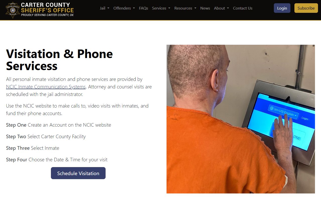 Carter County jail inmate visitation and NCIC scheduling page