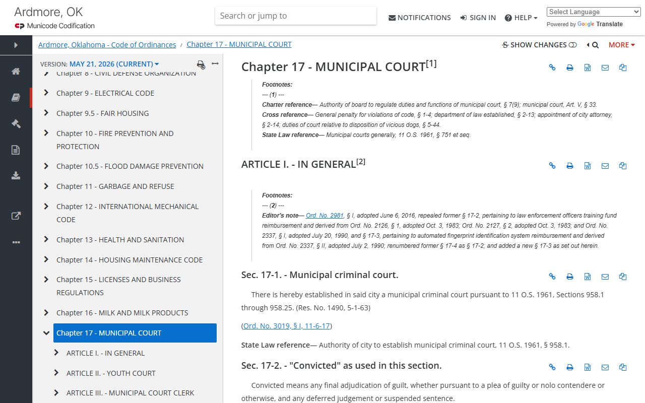 Carter County traffic court records Ardmore municipal code of ordinances page