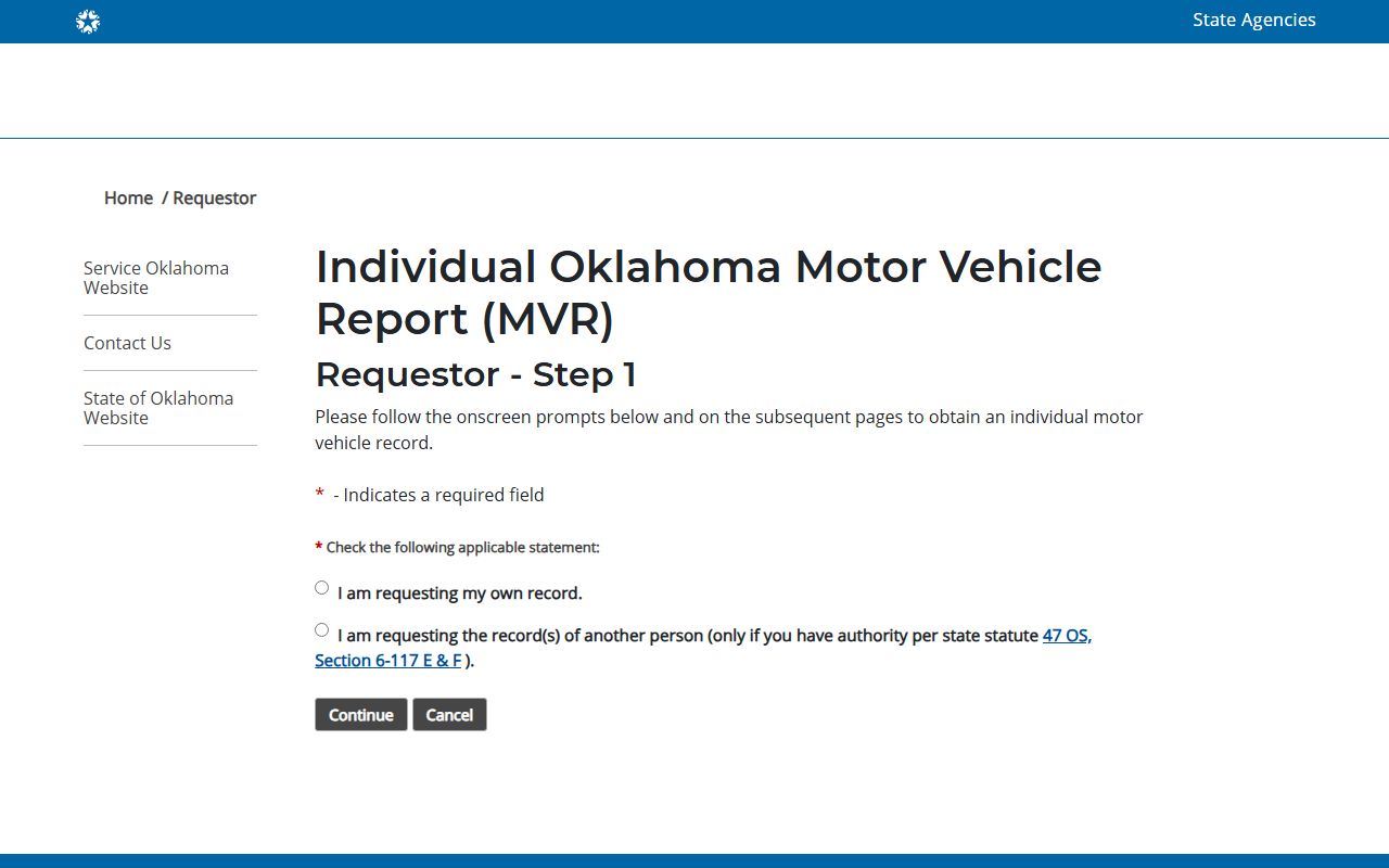 Carter County traffic court records Service Oklahoma MVR request page